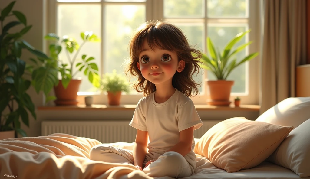 (photorealism: handsome young 10 year boy , sitting on bed, wearing white tshirt , pajama pants, long  hair, indoors, soft lighting, plants in background, window with sunlight, cozy room, relaxed pose, realistic, intricate details, warm colors, by Greg Rutkowski, by Alphonse Mucha