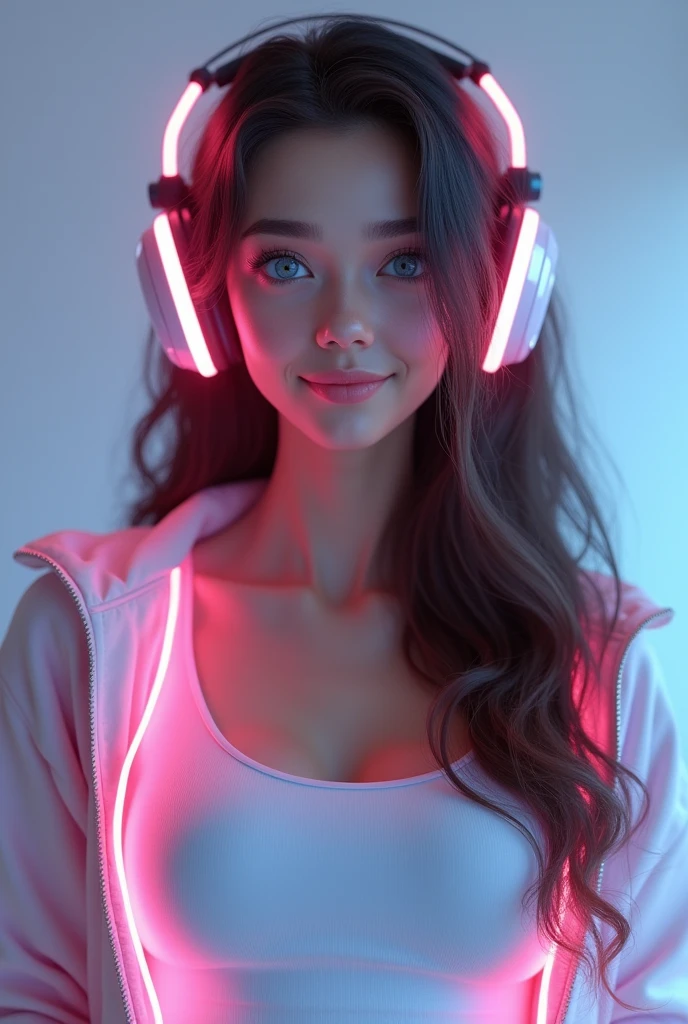 best quality, 8k. 
beautiful young woman, long hair, fullcolor, blue colored eyes.
Uses a large headset with pink LED light.
She wears a white tank top and a white jacket with LED lights..
He looks directly at the camera with a confident and happy expression..
Centralize images.
