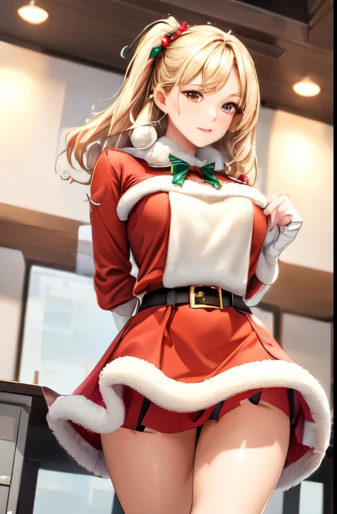 ((highest quality)), ((masterpiece)), (Detailed miniskirt Santa), perfect face