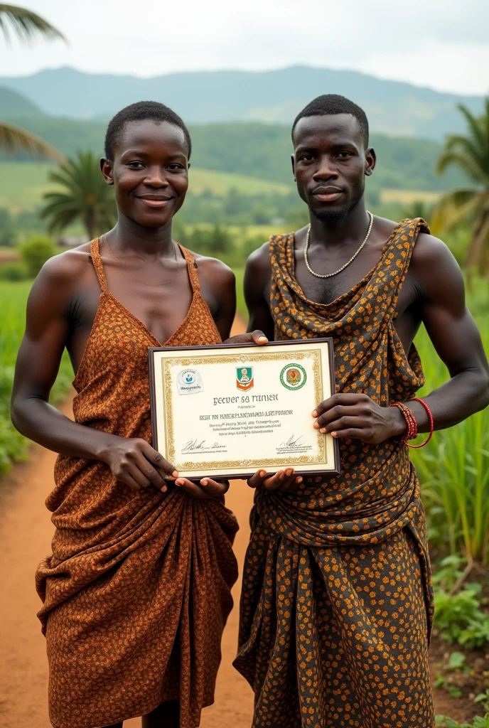 image of african cooperative in the rural area standing for a portrait with two of them in the front holding a registration certificate of their cooperative