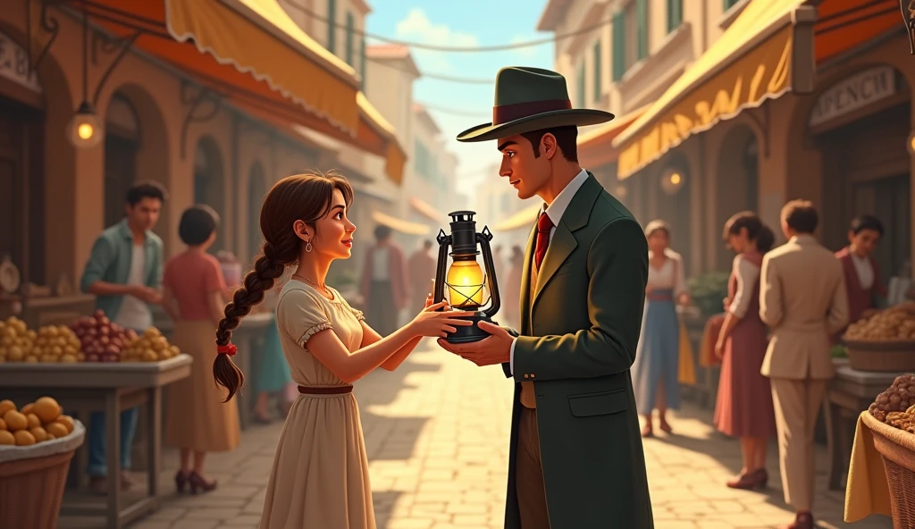 Character Description: Lily, now more confident, stands with a bright smile, her braid neatly tied, and her dress clean but simple. Her youthful energy is balanced with a new sense of pride and accomplishment. Her eyes are filled with hope and excitement.
Prompt: A vintage-style illustration of Lily in the market, proudly showing the polished lantern to an impressed merchant. The merchant, dressed in a suit and hat, examines the lantern closely, clearly admiring its condition. The market scene is bustling with activity, with villagers browsing the various stalls. The colors are rich and warm, capturing the late afternoon light as it filters through the market awnings