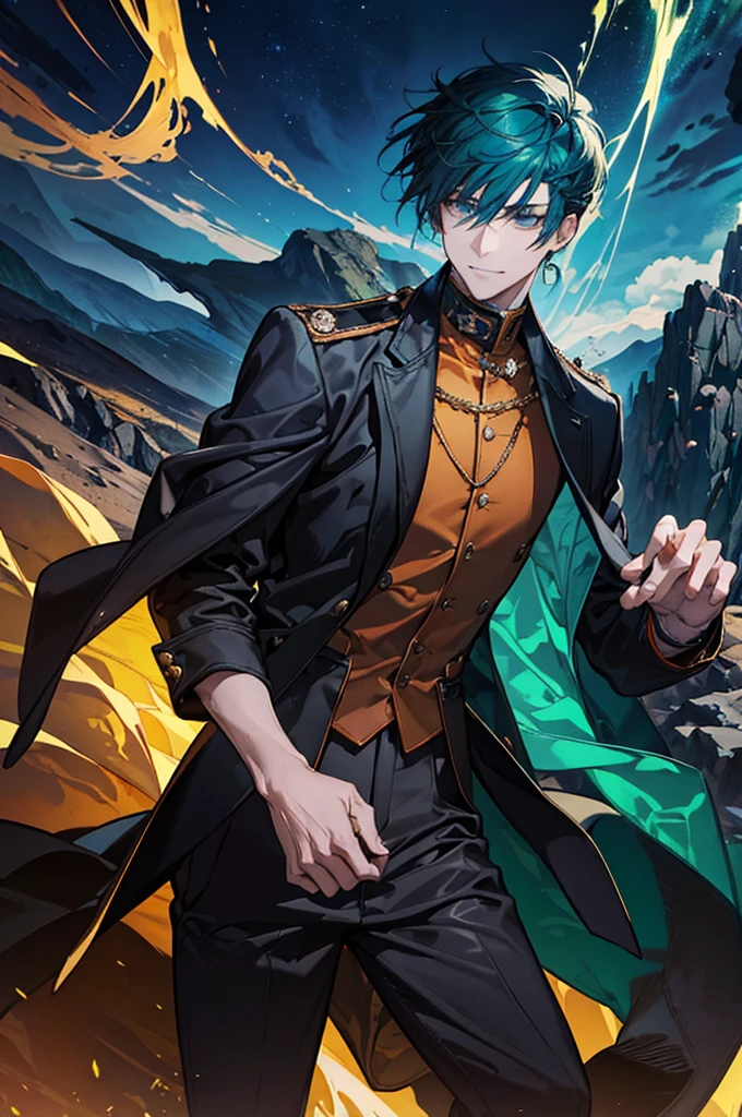 Muscular man, defined body, Gold rings on every finger, Light blue gangster jacket, Black shirt under the jacket, Green long army pants, Brown military boots, Wicked Smile, Orange spiky hair, Messy Hair, short hair, Yellow Eyes, A huge mountain々Desert landscape with clouds, Scenery with monsters around.