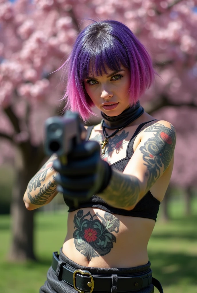 ((Full body shot, raw photography, digital slr camera)) tactic, beautiful fingers,Detailed fingers,women, European face, Estilo Tank Girl, Chica punk rock(Short purple and pink hair: 1.5), very tattooed, rebel, aggressive, charming,alternative girl,Skirt military,(West: 1.2), machine gun in hands,military, 4k, High resolution, masterpiece, The best quality, (head: 1.3), finely detailed leather, neckline, Big cherry blossom tree.Skirt,Lean towards the viewer