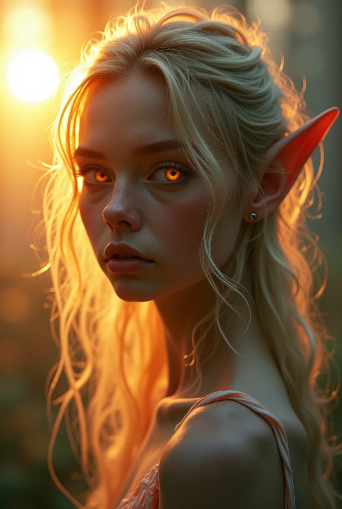 (Realystic:1.4), analog photo style, full body shot, A breathtaking elf, radiant with blonde hair, ultra-photorealistic, surreal, (masterpiece), messy hair, beautiful face, her delicate features illuminated by the soft glow of the setting sun, cinematic light, shy look to the camera, (((glowing orange eyes))), perfect anatomy, sunset, multicoloured smoke on background, dark fantasy atmosphere, deep shadows with the some sun rays, a delicate balance between reality and fantastic, faded colours, Masterpiece, most detailed blurred surreal background, naturally textured, 6k quality, ilford delta 400, film grain, bokeh.