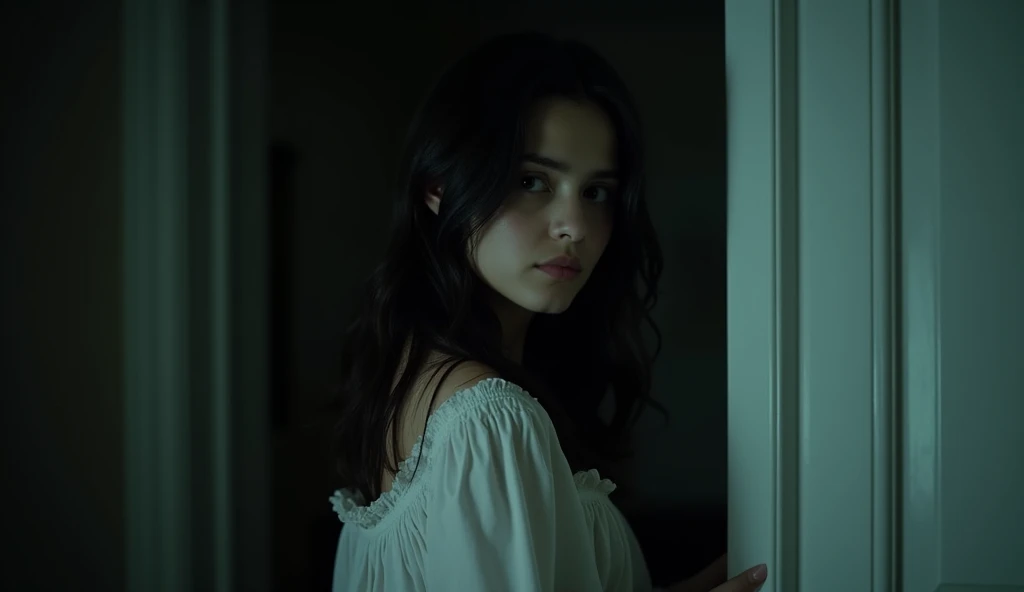 Cinematic, A close-up view of a young woman with long, straight dark hair and brown eyes. She is depicted in a dimly lit room, standing in front of a white door. The woman's expression is one of concern or apprehension as she looks back over her shoulder. Her hair is slightly disheveled, and she is wearing a vintage-style white nightgown with frilled sleeves, adding a touch of classic elegance to the scene. The background is dark, with the door partially visible, casting a shadow that accentuates the tense atmosphere.