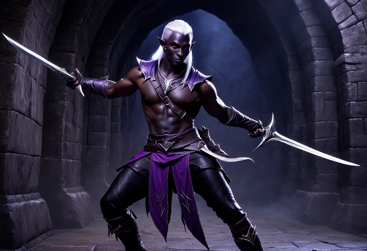 A dark elf rogue (male, pitch black skin, violet eyes, platinum hair, lean and muscular, wielding short blades) is striking roguish poses, deep magical dungeon