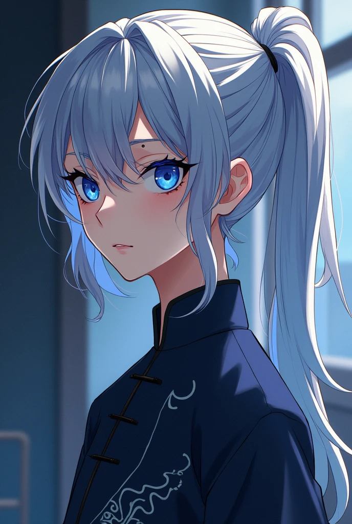 Anime style illustrations。A age boy with silver hair、The long nape of the neck is tied up in a ponytail.。Eye color is blue。Wearing a Chinese dress、A mole on the eyelid is characteristic。In sophisticated style、Has a mysterious and cool vibe。