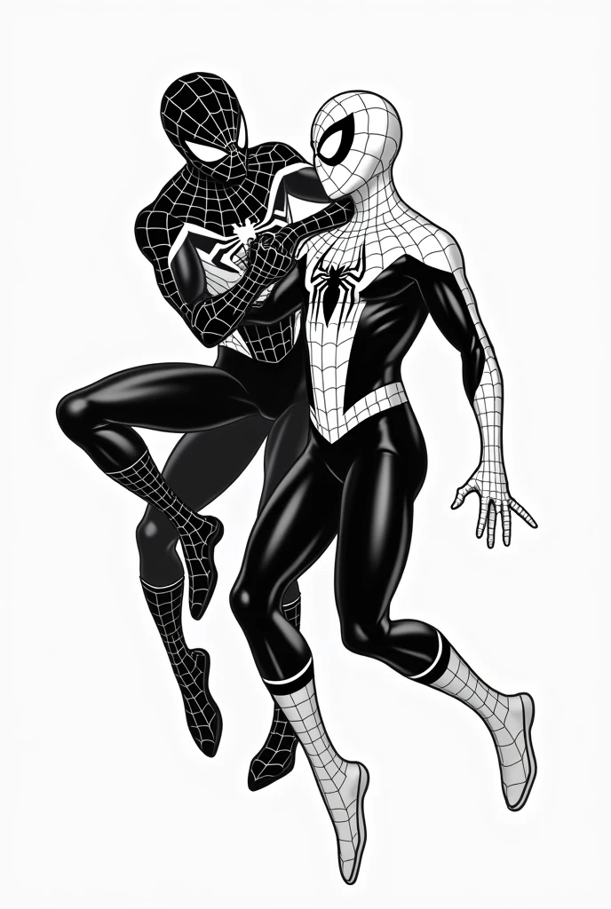 Tow  black and white spidermans playing together 