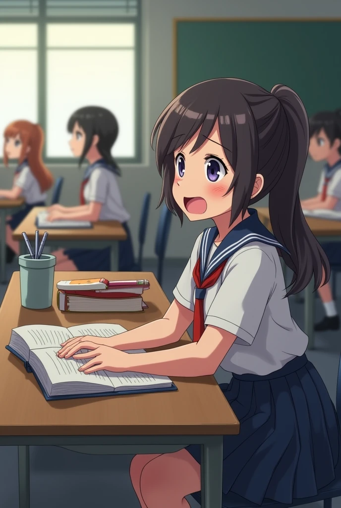 A young girl in a school uniform sitting at a desk was shocked. And her classmates looked at her from a distance. ( Right-facing view and extensive)