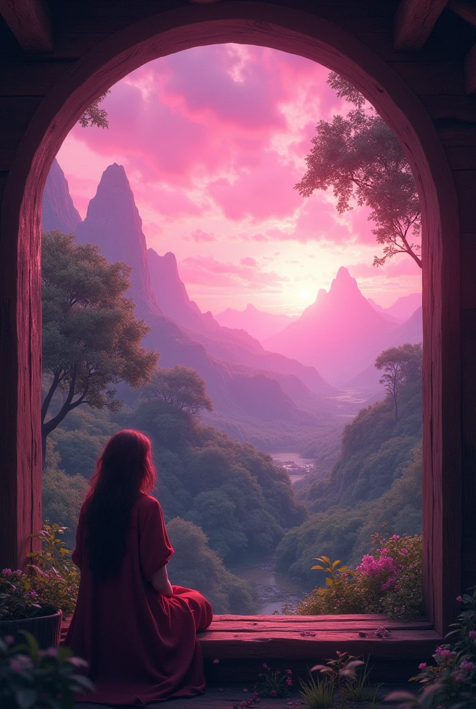 Create a view from inside a modest cabin in a fantasy world of pink skies