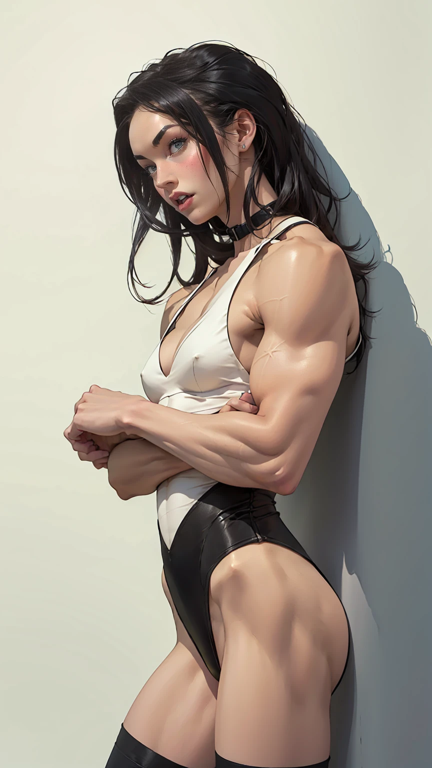 (megan fox), Lady Death, female bodybuilder physique, seductive face, seductive look, (black silk leotard & thigh highs), long white hair, perfect muscular body, long thin legs, white eyes & skin, muscular bulging pecs, (huge muscular shoulders:1.45), (torso shot), (blank background:1.25), MeganF_SoloTI_v1