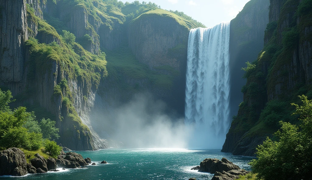 Design an ultra-realistic scene of a deep canyon with a majestic waterfall cascading into a natural pool. Include rock walls with striations and mosses, vegetation around the base of the waterfall and the fine mist generated by the falling water."