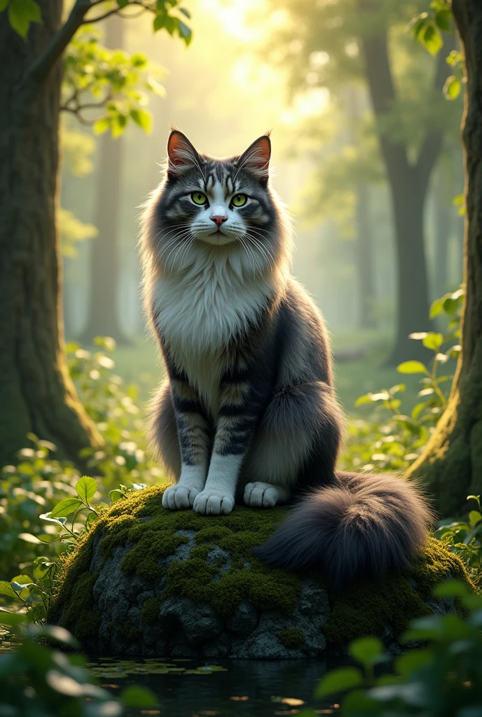 "A highly detailed and realistic image of a white and grey Maine Coon cat with long, fluffy fur and striking green eyes. The cat is sitting gracefully on a large moss-covered rock in the middle of a dense forest. Surrounding the cat are tall trees with sunlight filtering through the leaves, casting dappled shadows on the forest floor. The cat's fur has a slight sheen, reflecting the natural light, and the overall scene exudes a peaceful, natural ambiance