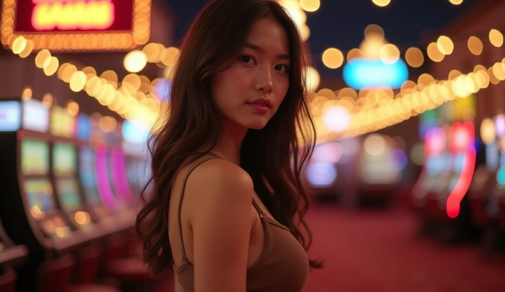 high quality, volumetric lighting, candid, Photograph, high resolution, 4k, 8k, Bokeh, Cute chinese girl, wears brown tanktop, short pants, ((big bbobs out from shirt)), ((i can see her pussy)), out, sex position, step sister, fatal position, realistic, i can see and pussy, big boobs, outdoor casino las vegas background