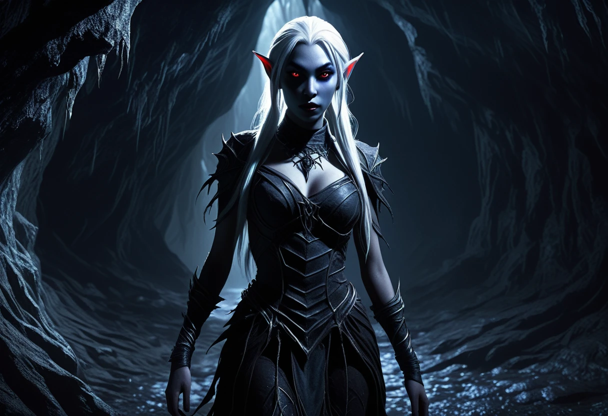 a creepy drow elf,yuna,spider like features,wandering through a deep dark cave,demon twisted,evil,dark fantasy,horror,gothic,cinematic lighting,dramatic shadows,glowing eyes,tattered clothing,intricate details,high resolution,masterpiece