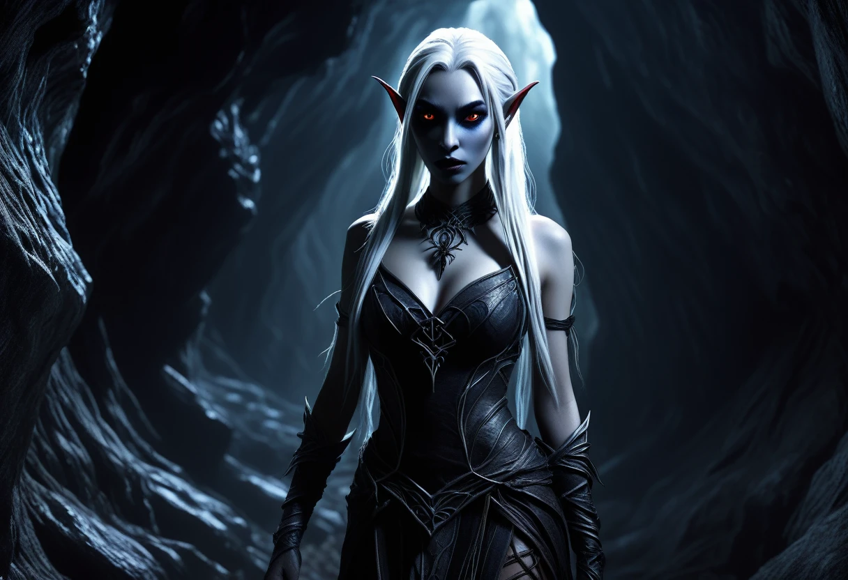 a creepy drow elf,yuna,spider like features,wandering through a deep dark cave,demon twisted,evil,dark fantasy,horror,gothic,cinematic lighting,dramatic shadows,glowing eyes,tattered clothing,intricate details,high resolution,masterpiece