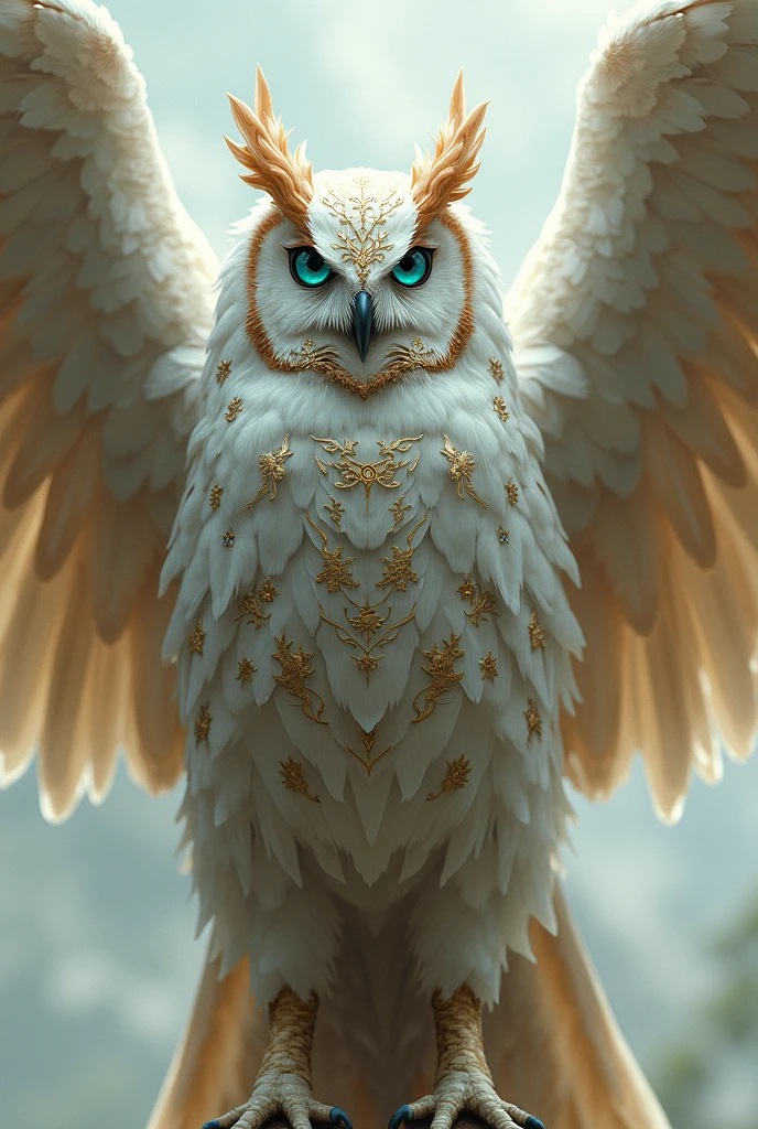 White and brown owl tears shroud with wings open, completely turquoise blue eyes with no pupils, golden writings on your body