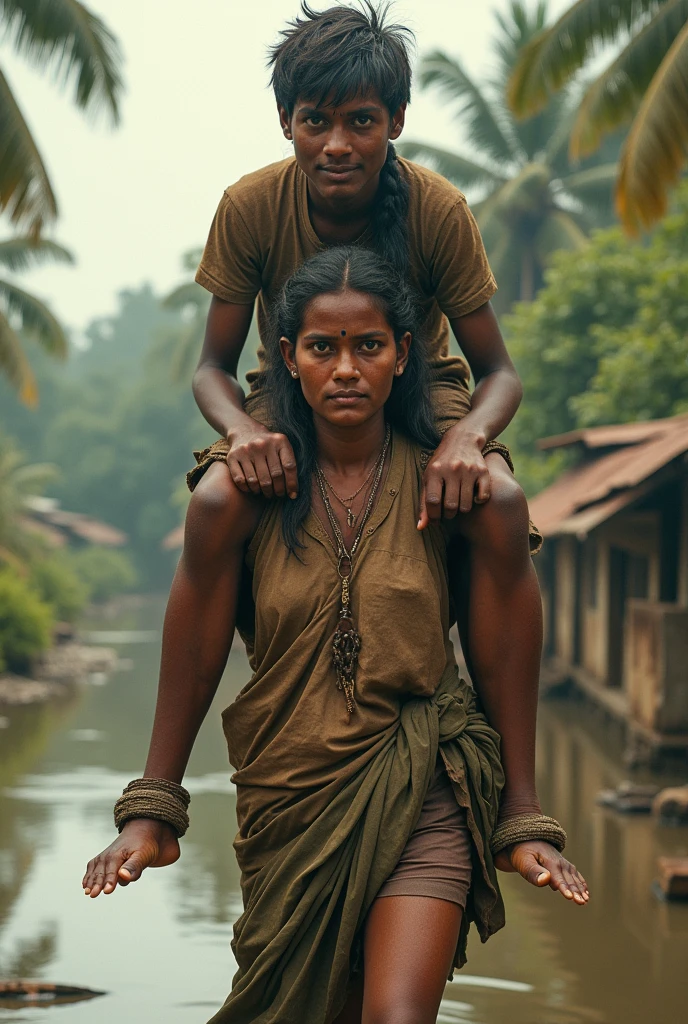 Beautiful Typical indian village ragpicker young woman carrying a large man on her head, man is sitting on her shoulders, nearby a river