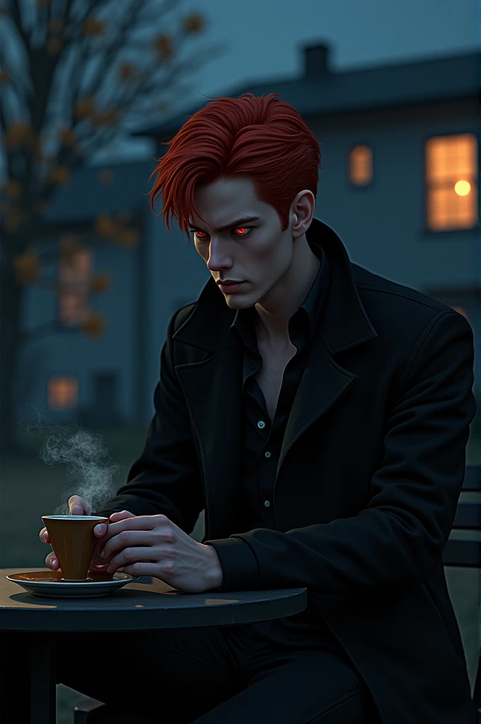 man, red hair, red eyes, wearing a black jacket, at night while sitting in front of the house while drinking coffee