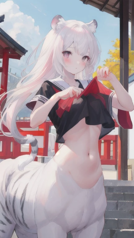 (best quality, masterpiece), 1 girl, centaur, I beg, White skin, Japanese schoolgirl,daughter,black pink, exposing the abdomen, belly button t-shirt , Beautiful girl perfect white tiger photo, Perfect Athlete Photo