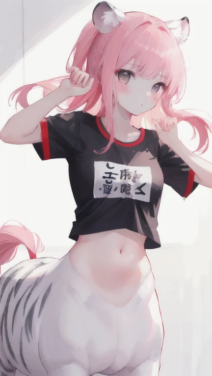 (best quality, masterpiece), 1 girl, centaur, I beg, White skin, Japanese schoolgirl,daughter,black pink, exposing the abdomen, belly button t-shirt , Beautiful girl perfect white tiger photo, Perfect Athlete Photo