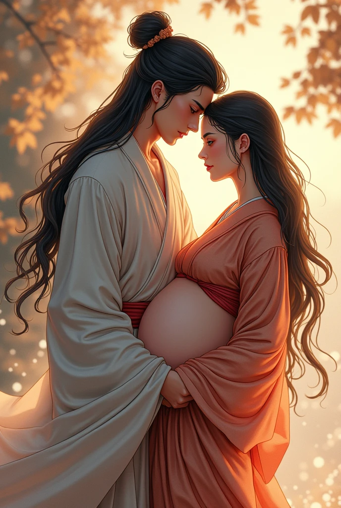 certainly! The following are English tips:

"Beautiful Japanese goddess in kimono, Long black hair，Now I am very pregnant. A tall and handsome man hugged her from behind.，Wallpaper size."

If you need any adjustments please let me know!