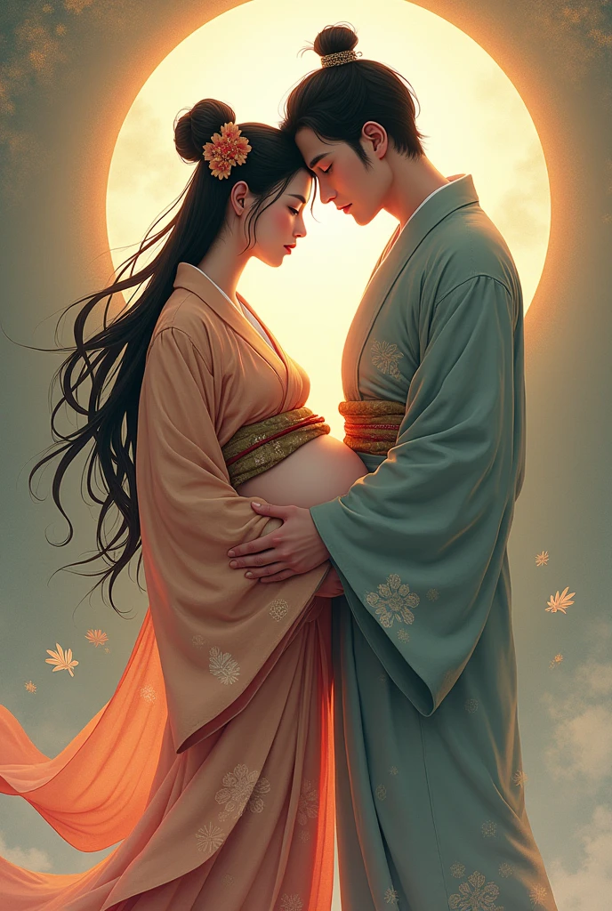 certainly! The following are English tips:

"Beautiful Japanese goddess in kimono, Long black hair，Now I am very pregnant. A tall and handsome man hugged her from behind.，Wallpaper size."

If you need any adjustments please let me know!