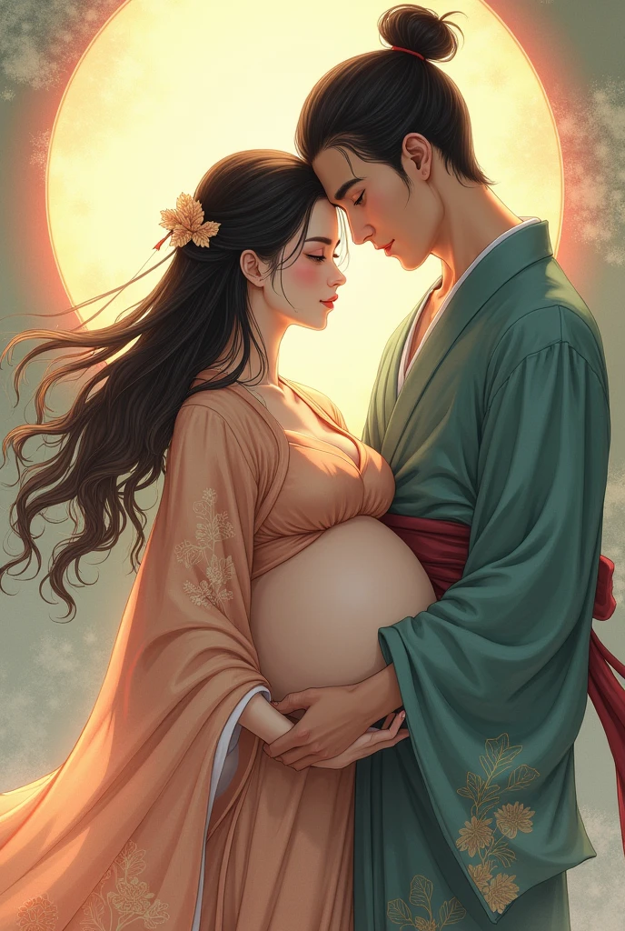 certainly! The following are English tips:
"Beautiful Japanese goddess in kimono, Long black hair,Now I am very pregnant. A tall and handsome man hugged her from behind.,Wallpaper size."
If you need any adjustments please let me know!