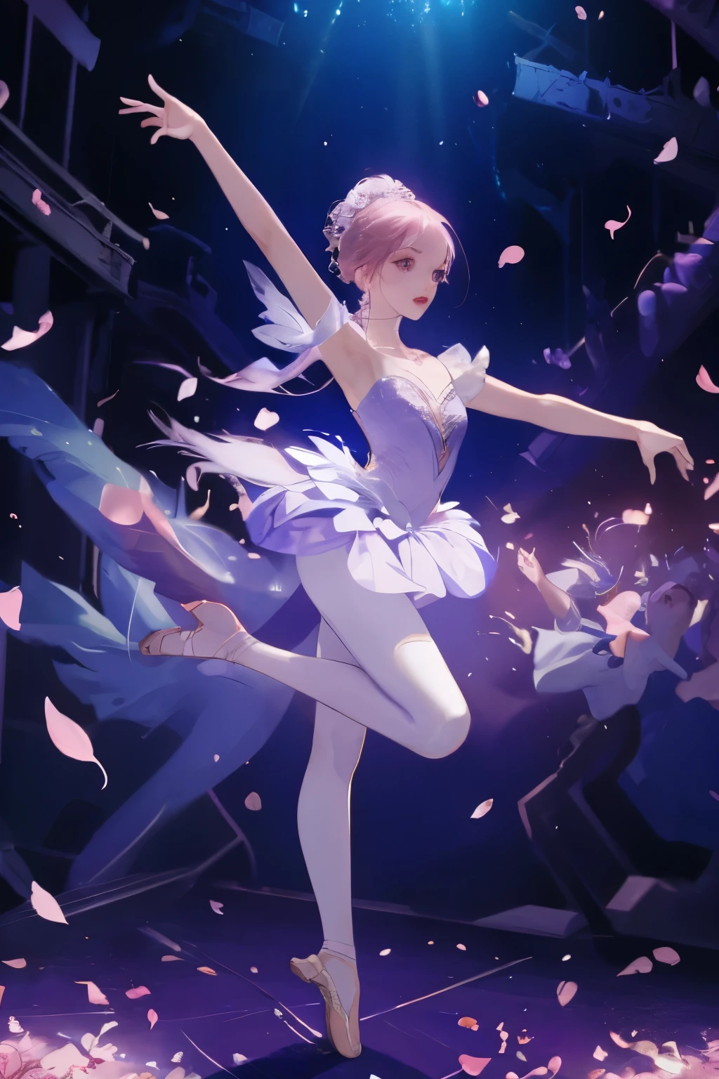 Girl ballerina black swan. Tragic scene, dynamic pose, stage lighting, flower petals in the air, absurdity
