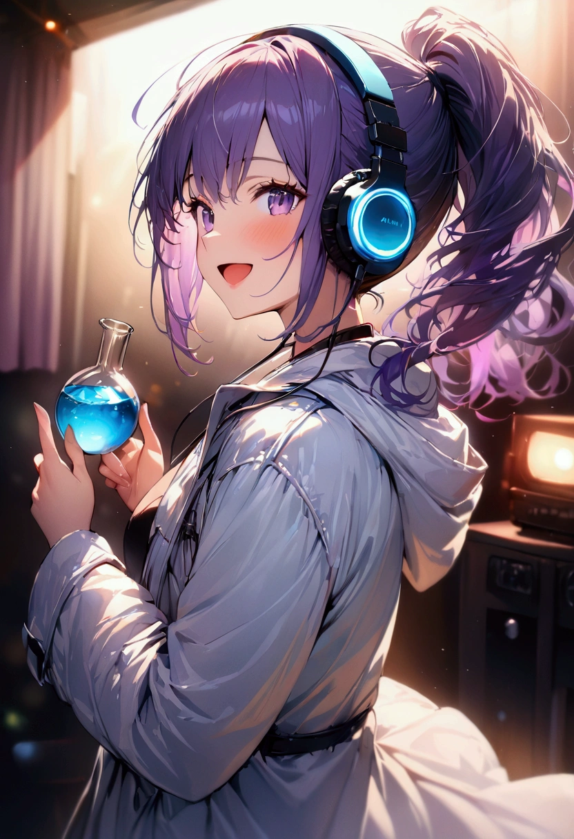 Purple hair color,ponytail,woman,Wearing a white coat,Have a flask,Cinema Lighting, (masterpiece:1.2), 最high quality, high quality, High resolution, (Super detailed), Detailed Background, One person,headphone,smile,Light background,indoor,Have fun and laugh,