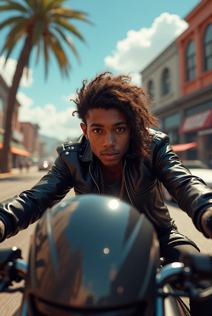 A young biker driving a car