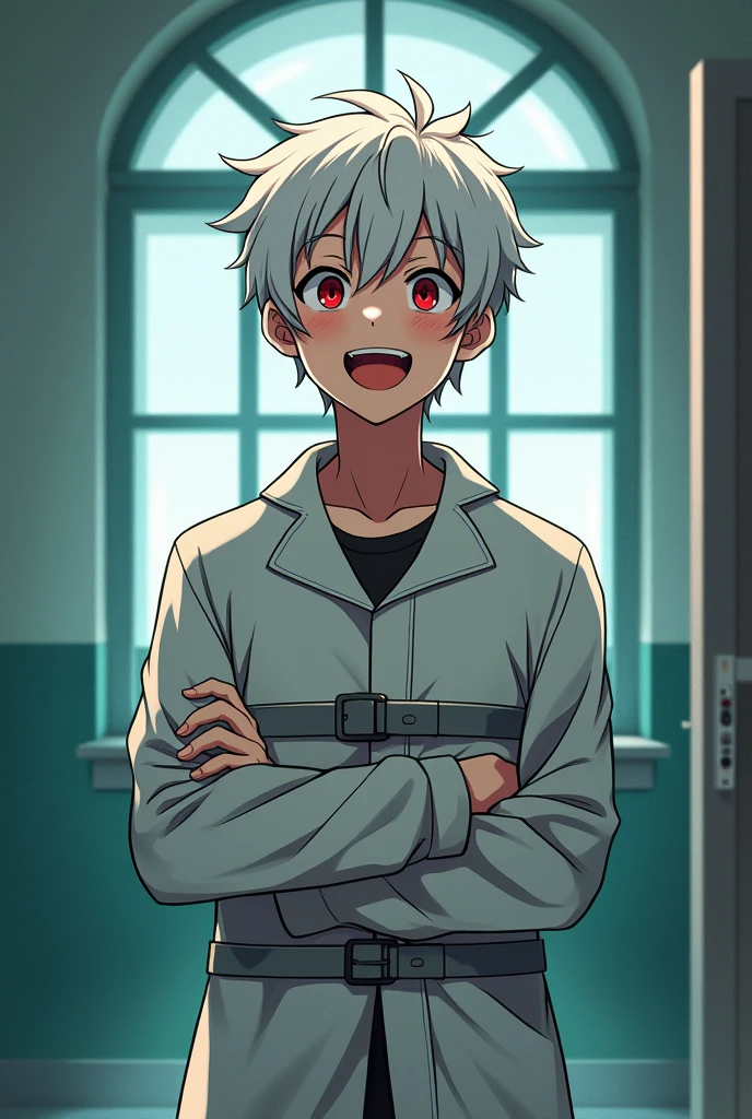 Man with white hair and red eyes, happy, with a smile, with a long-sleeved straitjacket, inside a room in a psychiatric hospital. cheered up, instead, anime.