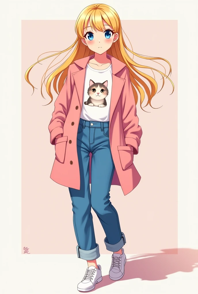 A young woman in a pink coat with long blonde hair, jeans, a white blouse with a kitten print, white shoes, blue eyes in anime