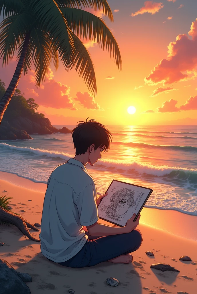 Create imagen of a man on the beach sitting watching the sunset drawing anime manga in HD