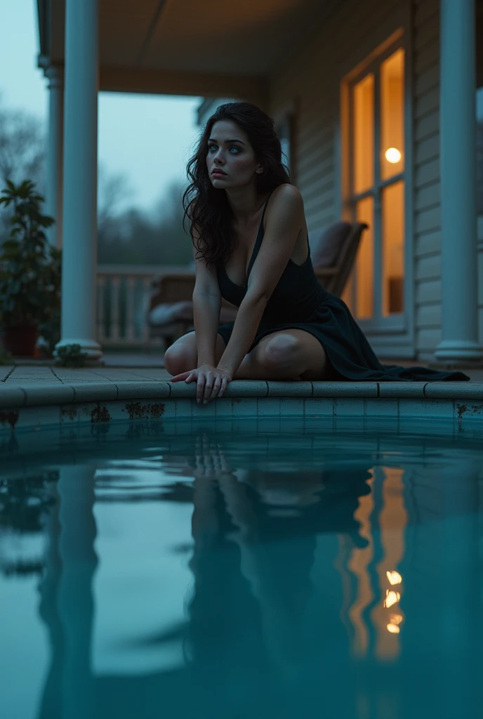 A beautiful woman with blue eyes is sitting on the porch with a sad look looking at the pool and listening to the blues. 