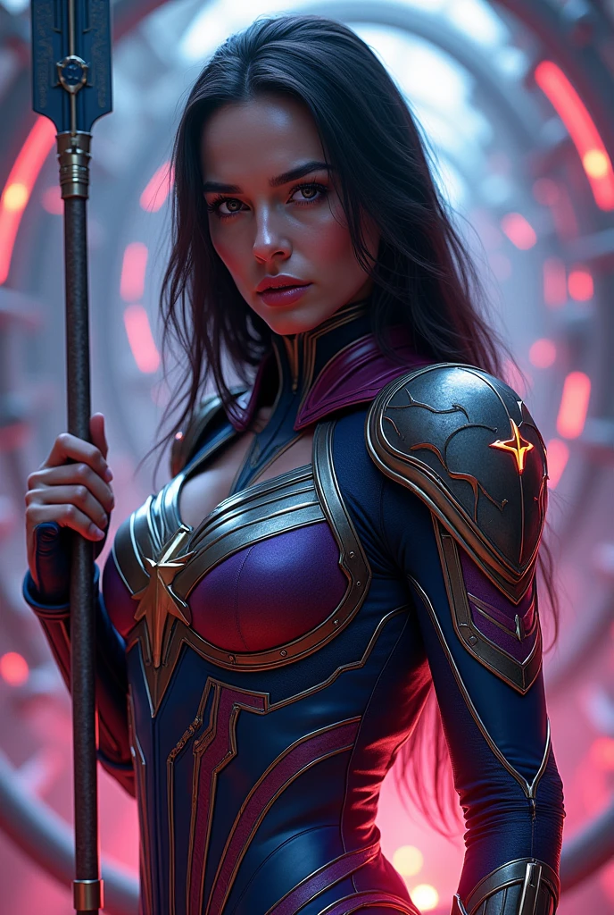 (waist shot), masterpiece, best quality, official art, extremely detailed CG unity 8k wallpaper,absurdres,8k resolution, exquisite facial features, prefect face, Cinematic Lighting, dynamic lighting, volumetric lighting maximalist photo illustration: by Marton bobzert, 8k resolution concept art intricately detailed, complex, elegant, majestic, ecstasy, fantastical, aspect ratio:16:9, shining suit, Fantasy detailers, a woman (Gal Gadot, Beautiful face, young, Supermodel) in Epic suit, neon light armor, straight long hair, standing holding a spear, Fantasy detailers, looking_at_viewer, front view, sexy woman, big breasts,