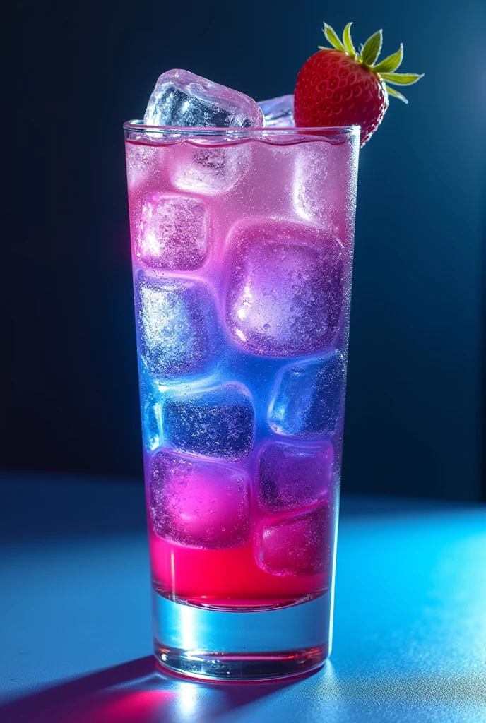 Soda drink. strawberry syrup below, then ice, then soda, purple gatorade and blue curacao. Create a layered effect