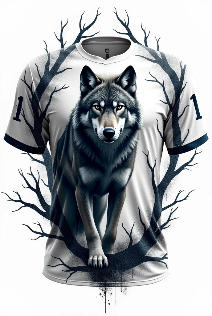 football shirt with a wolf, written branches behind, number 11, and with a white background behind