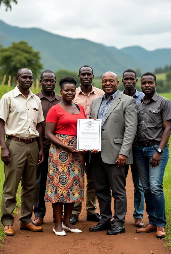 image of african cooperative of 5 men and 5 women in normal clothes in the rural area standing for a portrait with two of them in the front  holding a registration certificate of their cooperative 