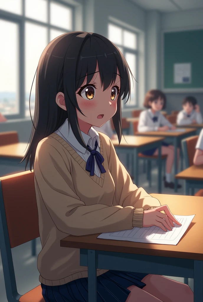 A young girl in a school uniform sitting at a desk was shocked. And her classmates looked at her from a distance. ( left-facing view and extensive)