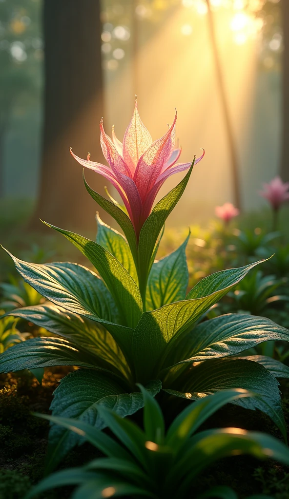 A colorful magical shiny plant on ground, greenery and foggy background, sun rays through long high tree leaves, detailed realistic 4k, high quality, photorealistic, intricate details, lush leaves, glowing petals, shining textures, natural lighting, warm color tones, cinematic composition