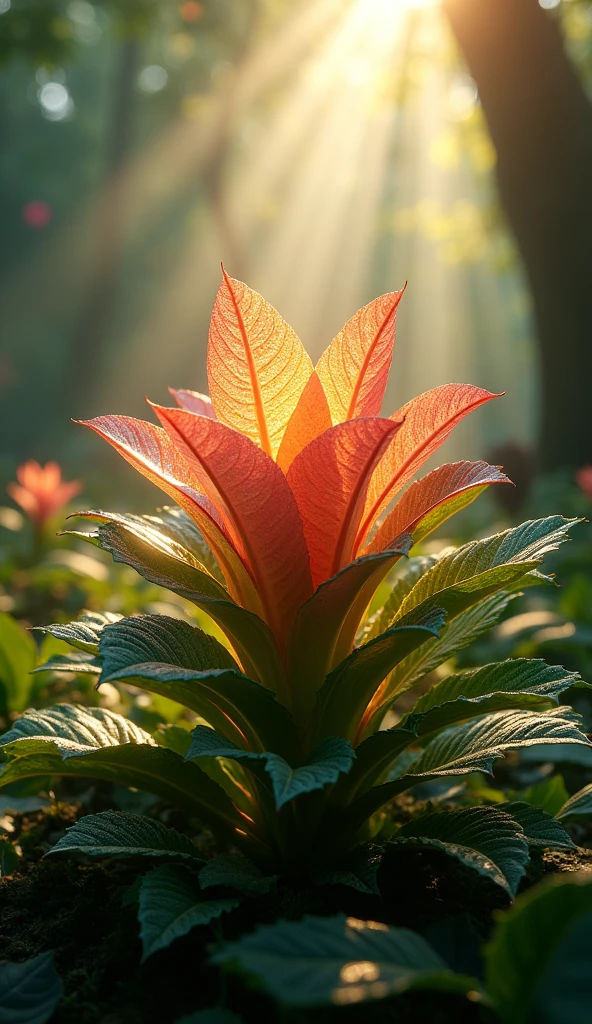 A colorful magical shiny plant on ground, greenery and foggy background, sun rays through long high tree leaves, detailed realistic 4k, high quality, photorealistic, intricate details, lush leaves, glowing petals, shining textures, natural lighting, warm color tones, cinematic composition