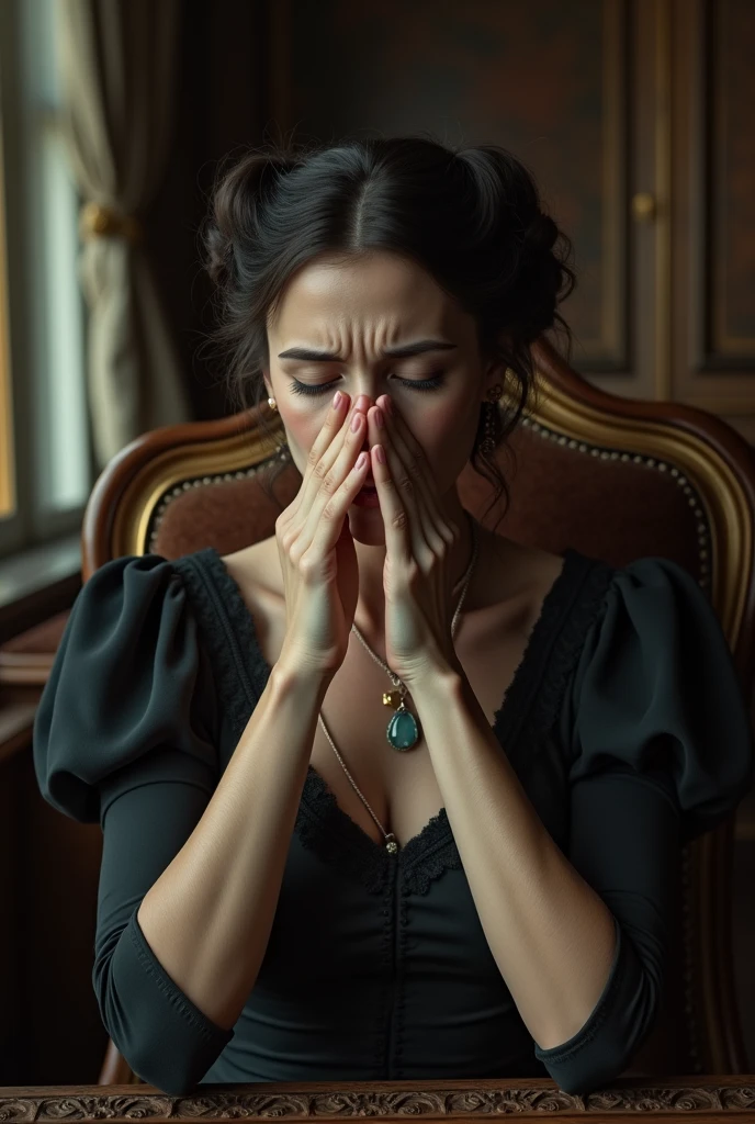 Create an image of a Victorian woman holding her nose, wanting to vomit