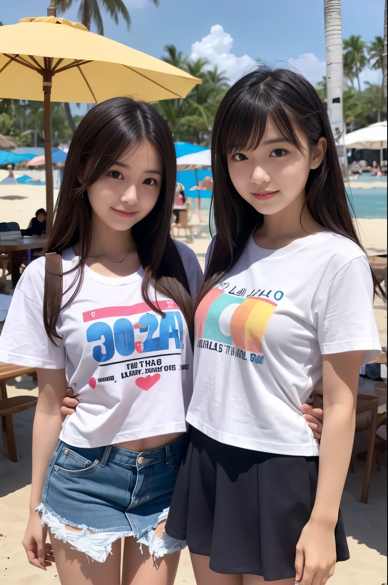 Two girls (Twenty years old, Japanese cute face) are wearing Tshirts, mini skirt at the beach bar