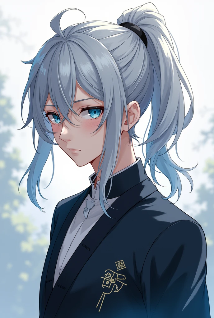 Anime style illustrations。A age boy with silver hair、Her hair is tied up in a ponytail。Eye color is blue。Wearing Chinese-style men's clothing、A mole under the eye is characteristic.。In sophisticated style、Has a mysterious and cool vibe。