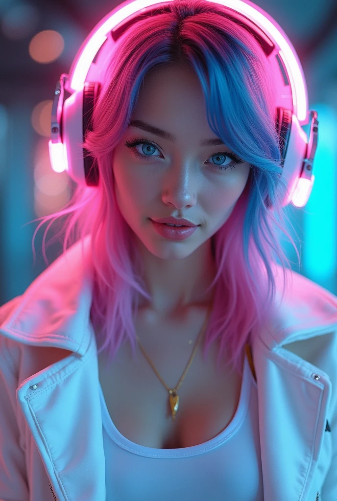 best quality, 8k.
beautiful young woman, long rainbow colored hair, blue colored eyes.
Uses a large headset with pink LED light.
She wears a white tank top and a white jacket with LED lights..
He looks directly at the camera with a confident and happy expression..
Centralize images.