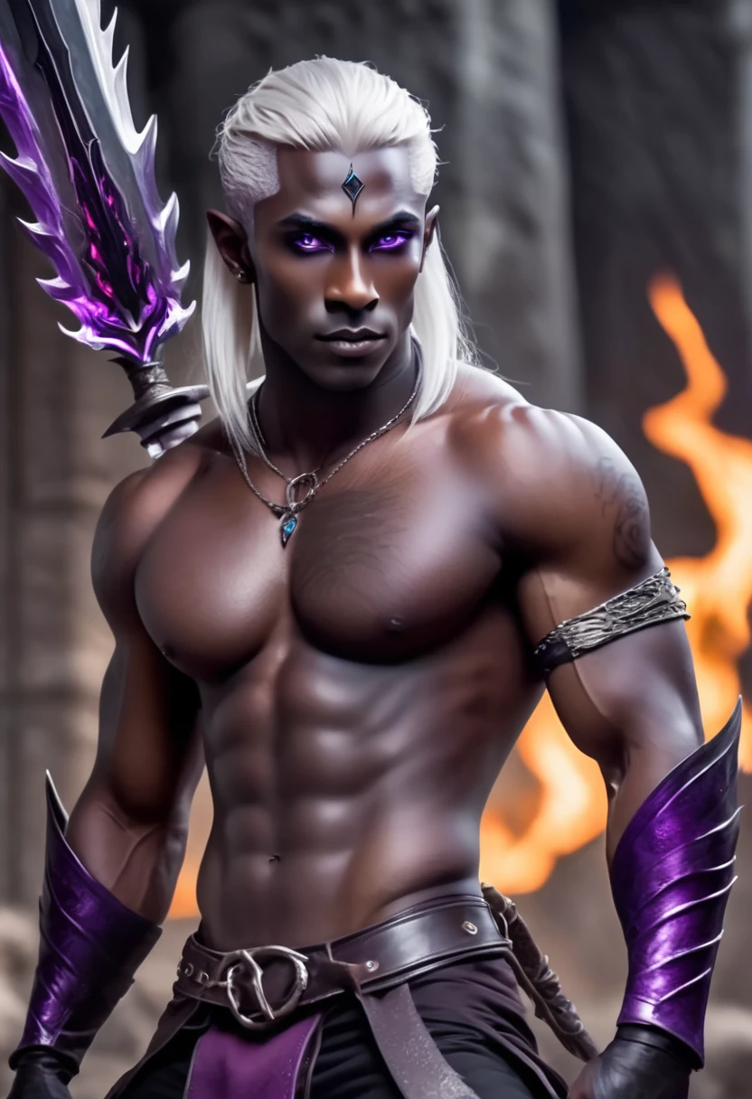 A dark elf rogue (male, pitch black skin, violet eyes, platinum hair, lean and muscular, wielding short blades) is striking roguish poses, deep magical dungeon
