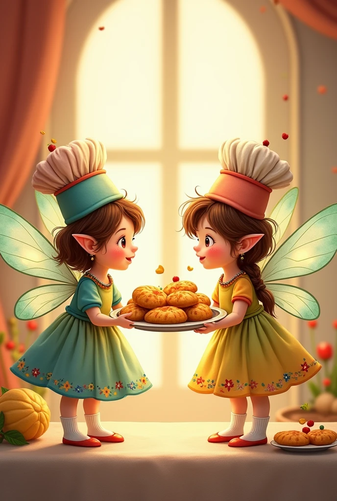 icon of two fairies each wearing two cooking hats and holding a plate of empanadas and cheese sticks GIVING IT TO THE OTHER