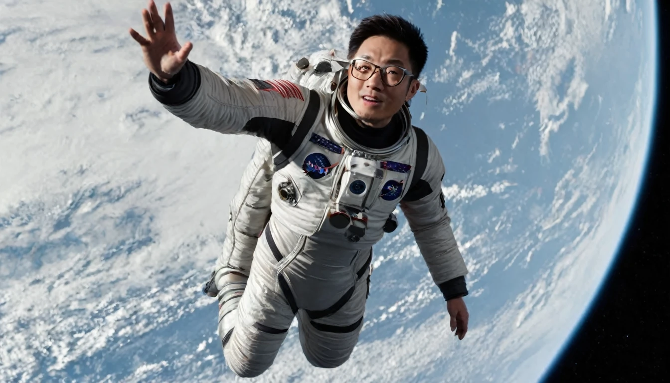 far far away shot, epic shot, Realistic footage of an Asian man wearing a silver sci-fi jacket and glasses, flying up to the space station floating in the space