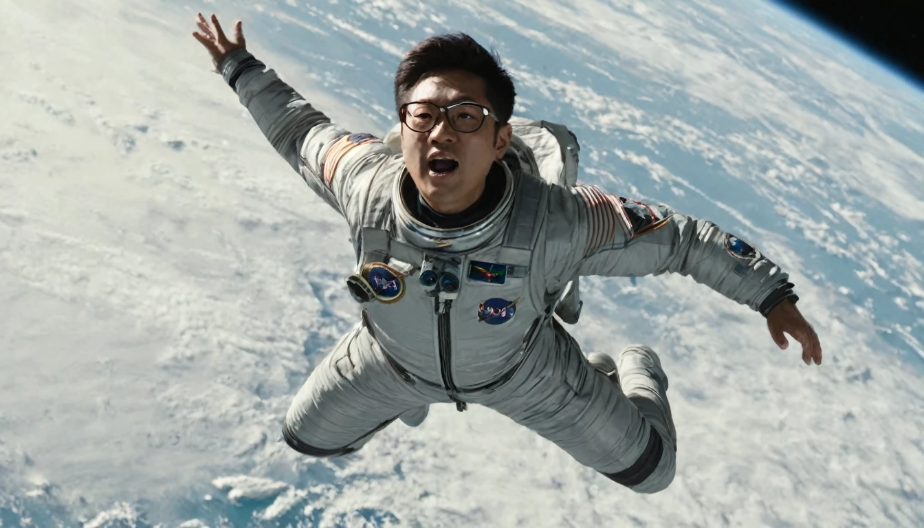 far far away shot, epic shot, Realistic footage of an Asian man wearing a silver sci-fi jacket and glasses, flying up to the space station floating in the space